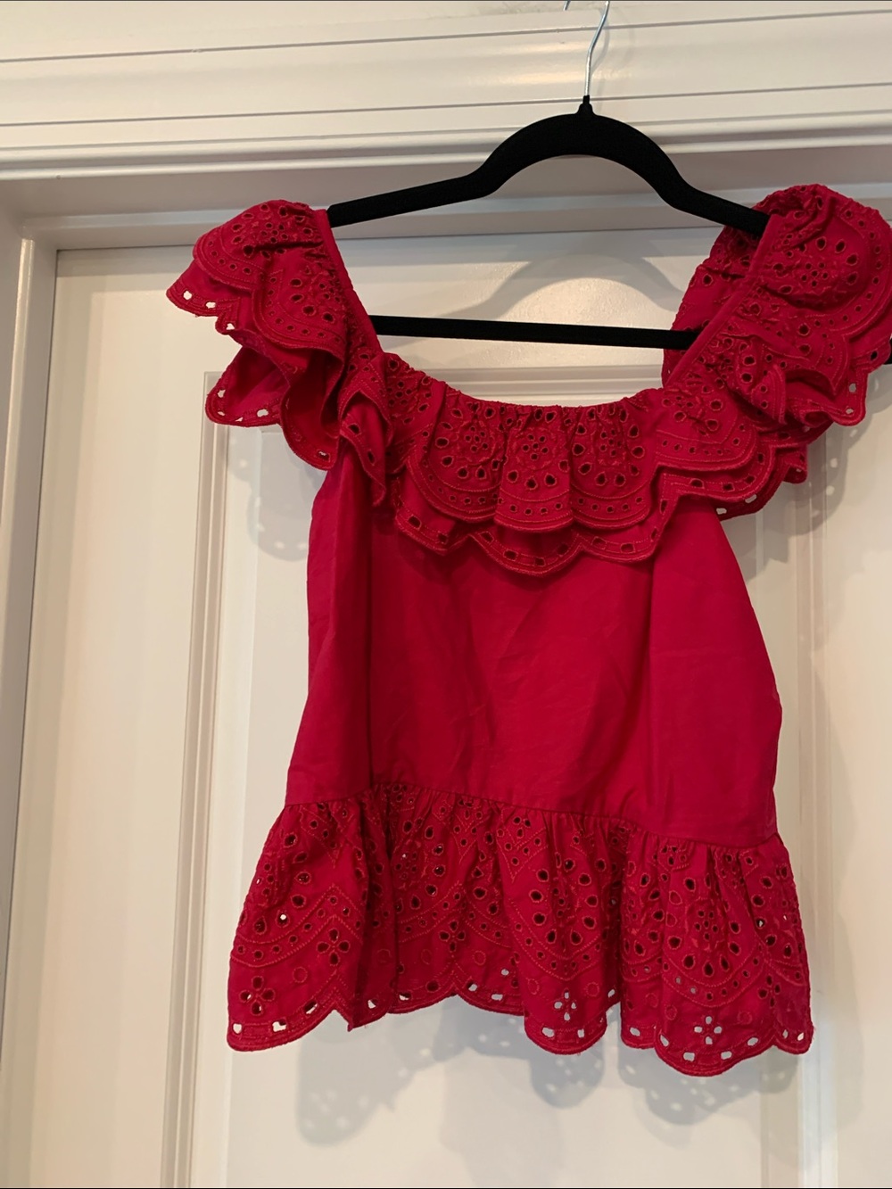 Express cranberry cotton Eyelet Ruffle Off-Shoulder Top S NWT